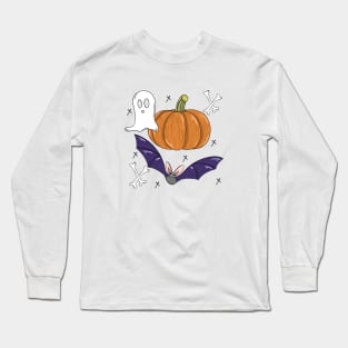 Fun Halloween pumpkin, bats, bones, ghost illustration Long Sleeve T-Shirt